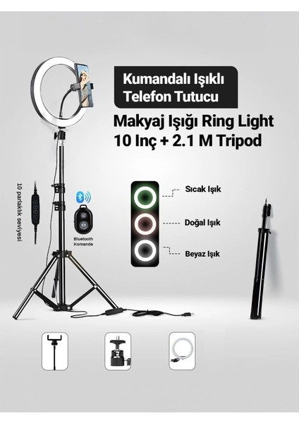 3 Renkli LED Ring Light 26 cm 10 Inç Bluetooth Kumandalı 2.1m Tripot Youtube Tiktok Make Up Çekim Işığı