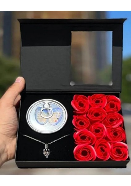 Gül Kutulu Sürpriz Konserve Içinde Kolye Hediye Seti – Romantik Sevgiliye Özel Hediye Kutusu