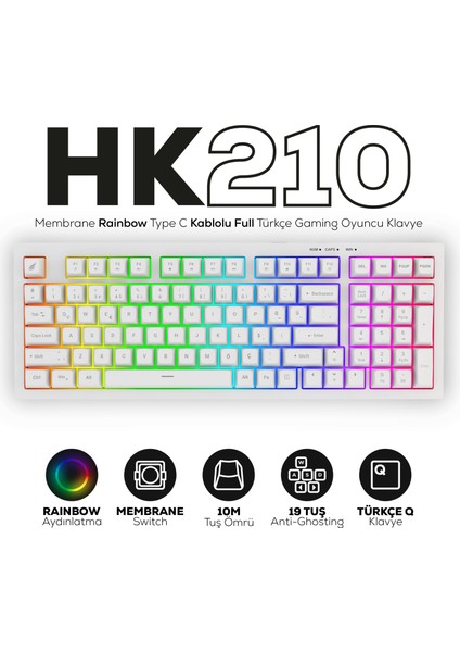 HK210 Membrane Rainbow Type C Kablolu Beyaz Full Türkçe Gaming Klavye
