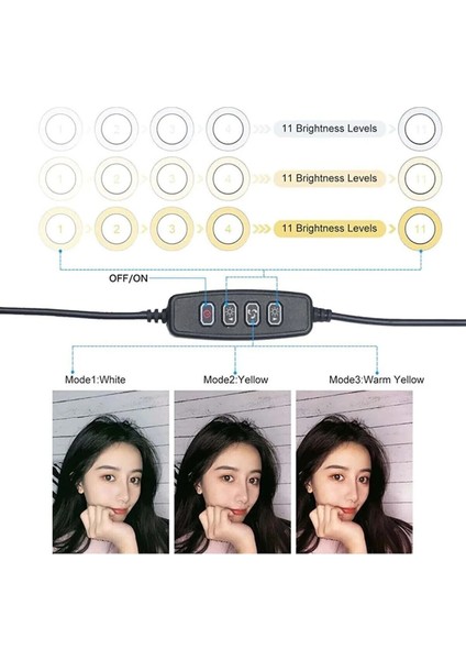 3 Renkli LED Ring Light 26 cm 10 Inç Bluetooth Kumandalı 2.1m Tripot Youtube Tiktok Make Up Çekim Işığı