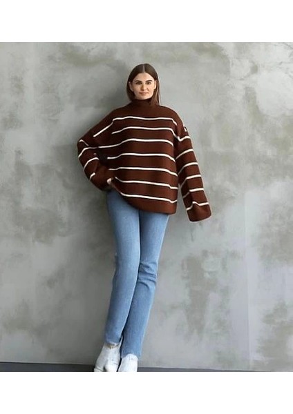 Çizgili Ispanyol Kol Triko Boğazlı Kahve Beyaz Elf fiyatları
