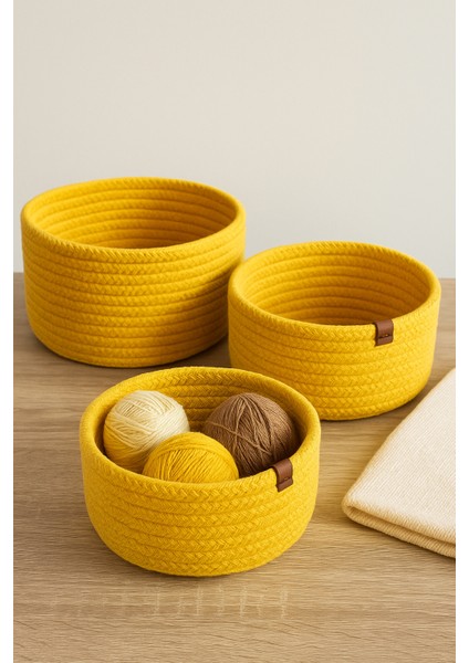 3’lü Sarı Jut Sepet Seti %100 Pamuk El Yapımı Dekoratif Çok Amaçlı Düzenleyici Sepet