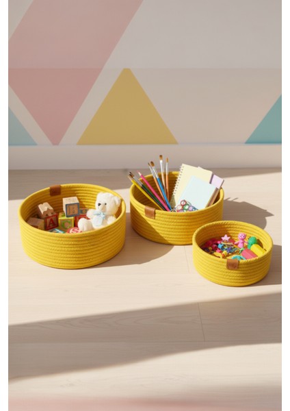 3’lü Sarı Jut Sepet Seti %100 Pamuk El Yapımı Dekoratif Çok Amaçlı Düzenleyici Sepet