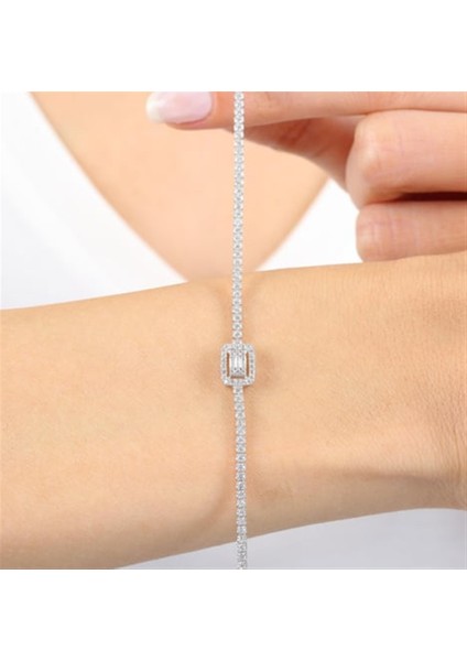 925 Ayar Gümüş Dörtgen Baget Su Yolu Bileklik,pırlanta Montür Zarif Işıltılı Özel Hediye Paketli