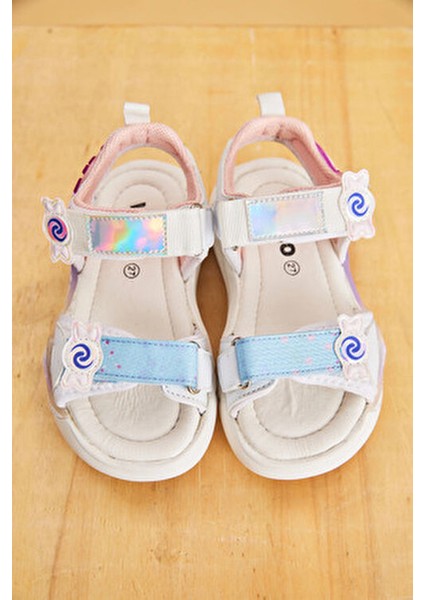 Kız Çocuk Sandalet Hafif Kalp Detaylı Cırt Cırtlı Tasarım 22-30 Numara Eva Taban