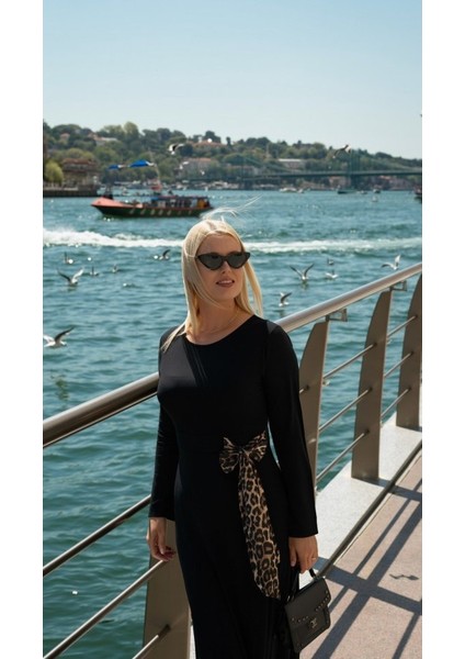 Kadın Bisiklet Yaka Leopar Fiyonk Detay Maxi Boy Elbise modelleri