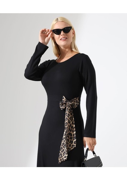 Kadın Bisiklet Yaka Leopar Fiyonk Detay Maxi Boy Elbise fırsatları