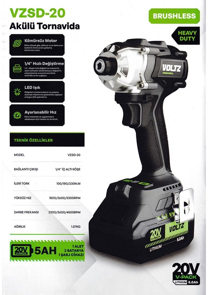 Voltz Vzsd-20 Akülü Tornavida Kademeli Hız Kömürsüz 20 V 5.0 Ah modelleri