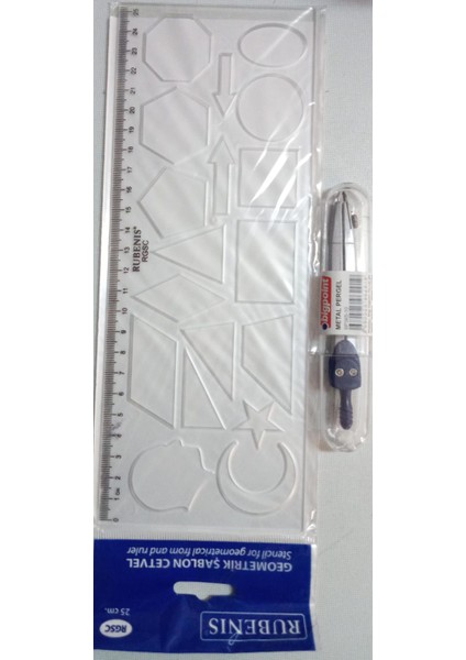 Geometrik Şekilli Şablon Cetvel 25 cm Dayanıklı Plastik Tekli Paket+Metal Pergelseti