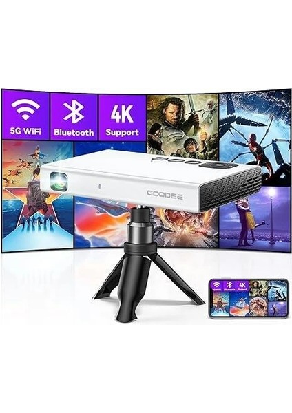 Goodee 4K Mini Projektör 1080P, Wifi ve Bluetooth, Tripod ve Çanta Ile