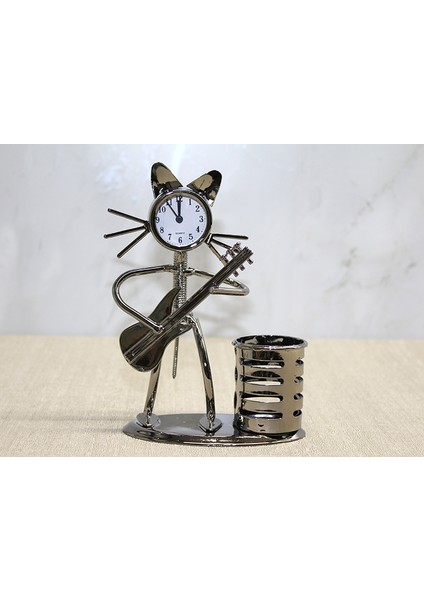 Metal Gitar Çalan Müzisyen Kedi Saat ve Kalemlik