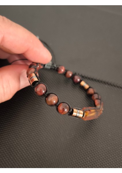 Fosilli Natürel Damla Kehribar-Kızılkaplangözü Doğaltaş Bileklik Takı Aksesuar Erkek Bileklik