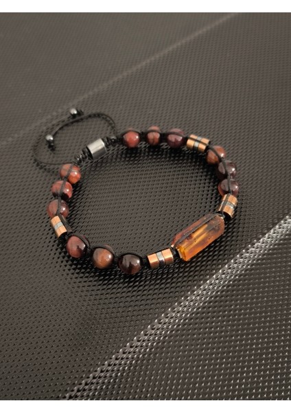 Fosilli Natürel Damla Kehribar-Kızılkaplangözü Doğaltaş Bileklik Takı Aksesuar Erkek Bileklik