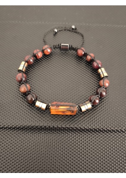 Fosilli Natürel Damla Kehribar-Kızılkaplangözü Doğaltaş Bileklik Takı Aksesuar Erkek Bileklik