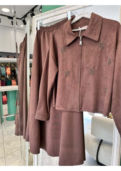 Vatkatex Süet Etekli Takım Taşlı - Kahverengi - 46