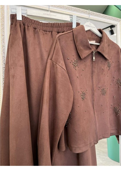 Vatkatex Süet Etekli Takım Taşlı - Kahverengi - 46 modelleri
