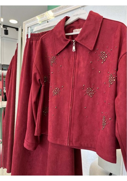 Vatkatex Süet Etekli Takım Taşlı - Bordo - 46 fiyatları