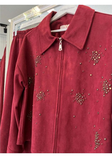 Vatkatex Süet Etekli Takım Taşlı - Bordo - 46 modelleri