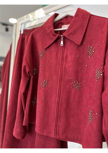 Vatkatex Süet Etekli Takım Taşlı - Bordo - 46 indirimleri