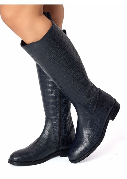 Timsah Desenli Hakiki Kroko Deri El Işçiliği Yandan Fermuarlı Lacivert Çizme