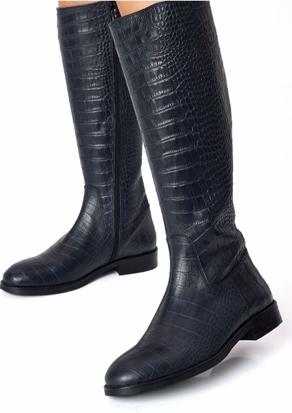 Timsah Desenli Hakiki Kroko Deri El Işçiliği Yandan Fermuarlı Lacivert Çizme fiyatları