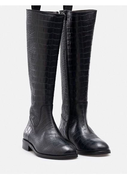 Timsah Desenli Hakiki Kroko Deri El Işçiliği Yandan Fermuarlı Lacivert Çizme fırsatları