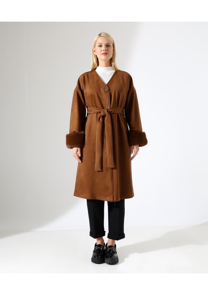 Kürk Detay Düğme Kapama Bol Ceket