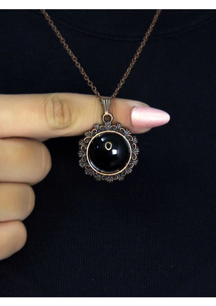 Doğal Taş Oniks Doğal Taşlı Desenli Otantik Kadın Kolye 45 cm Zincirli Bakır Rengi EUK28O2