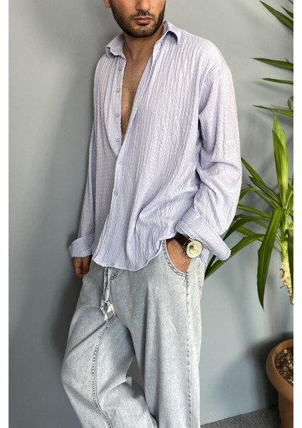 Kırinkıl Kumaş Oversize Yumuşak Dokulu Mavi Gömlek