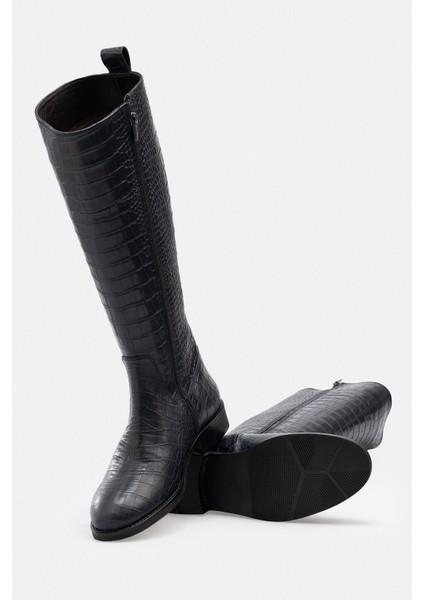Timsah Desenli Hakiki Kroko Deri El Işçiliği Yandan Fermuarlı Lacivert Çizme