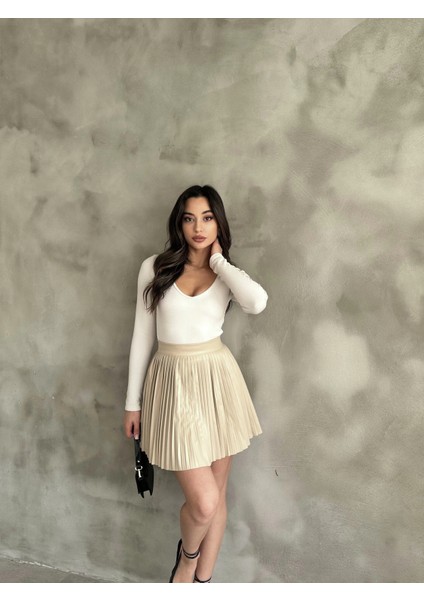 Bej Deri Pilise Etek