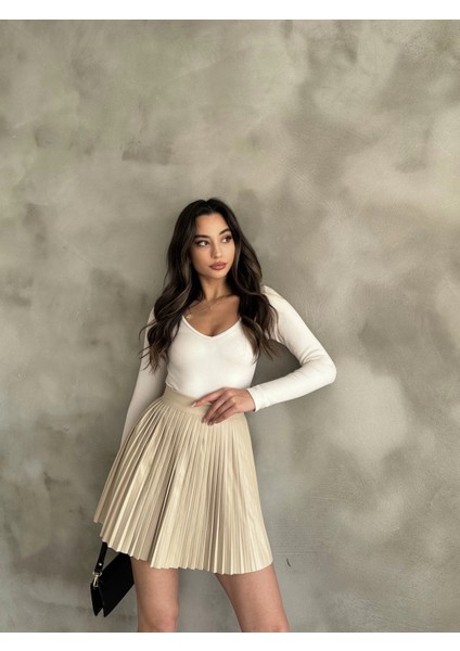 Bej Deri Pilise Etek modelleri