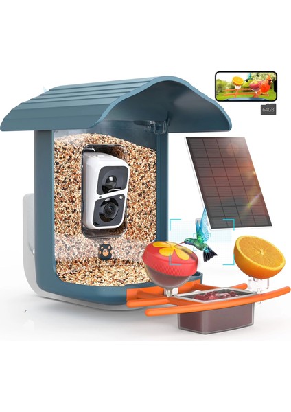 Pav - Akıllı Kuş Yemliği, Güneş Enerjili Kamera 2k Hd - Mavi