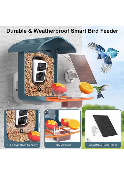 Pav - Akıllı Kuş Yemliği, Güneş Enerjili Kamera 2k Hd - Mavi indirimleri
