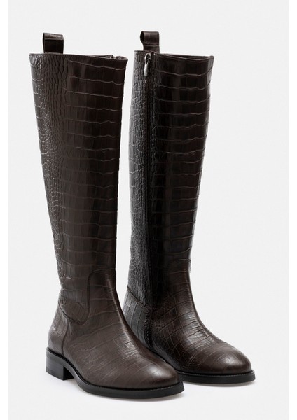 Kahverengi Desenli Hakiki Kroko Deri El Işçiliği Yandan Fermuarlı Lacivert Çizme