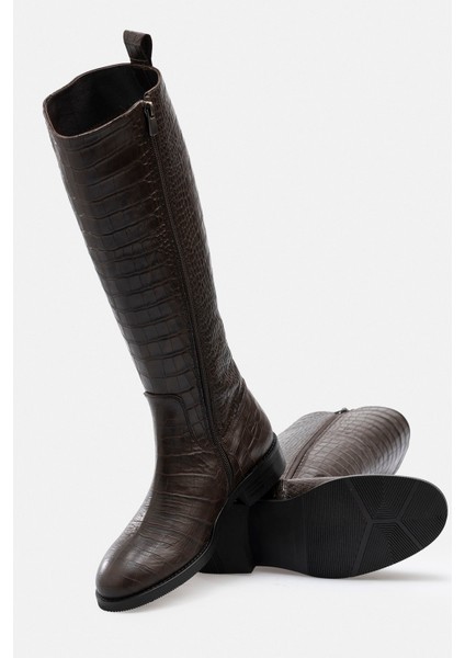 Kahverengi Desenli Hakiki Kroko Deri El Işçiliği Yandan Fermuarlı Lacivert Çizme modelleri