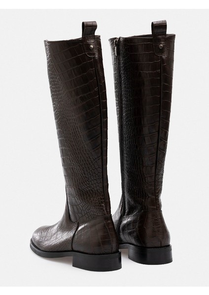 Kahverengi Desenli Hakiki Kroko Deri El Işçiliği Yandan Fermuarlı Lacivert Çizme fırsatları