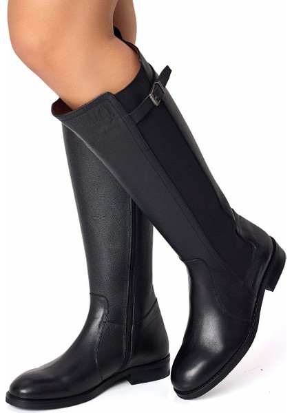 Siyah Hakiki Deri El Işçiliği Yandan Fermuarlı Elastilastikli Binicii Çizmesi