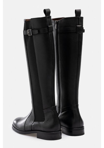 Siyah Hakiki Deri El Işçiliği Yandan Fermuarlı Elastilastikli Binicii Çizmesi