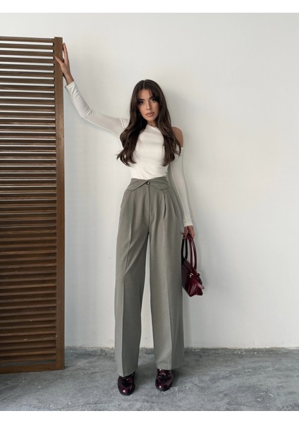 Gri Kemer Detaylı Palazzo Pantolon