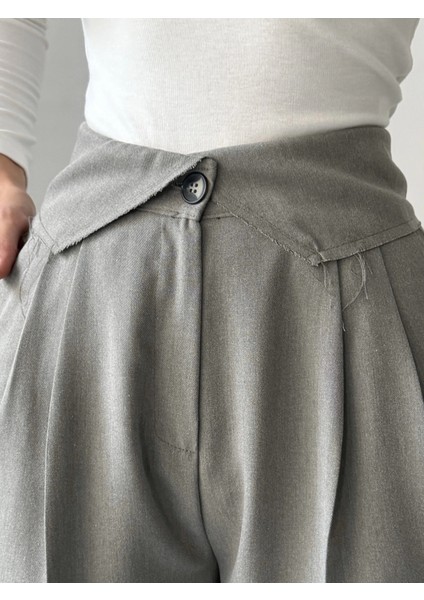Gri Kemer Detaylı Palazzo Pantolon modelleri