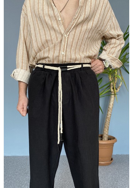 Rahat Kesim Keten Kumaş Bağcıklı Krem Renk Baggy Pantolon