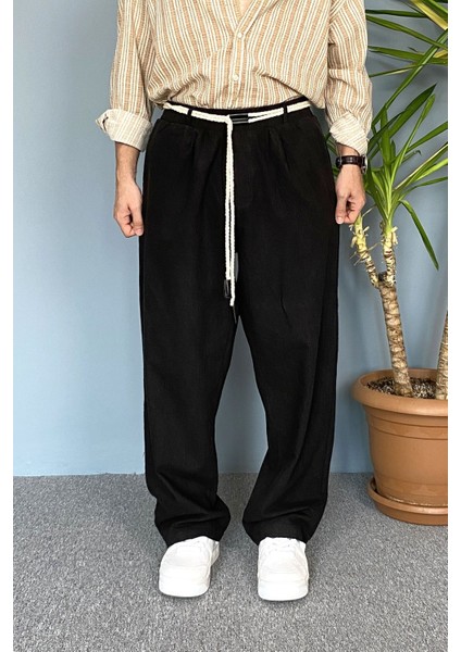 Rahat Kesim Keten Kumaş Bağcıklı Krem Renk Baggy Pantolon indirimleri