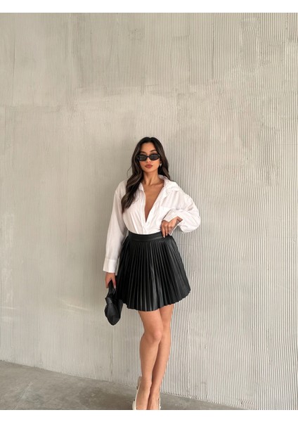 Siyah Deri Pilise Etek