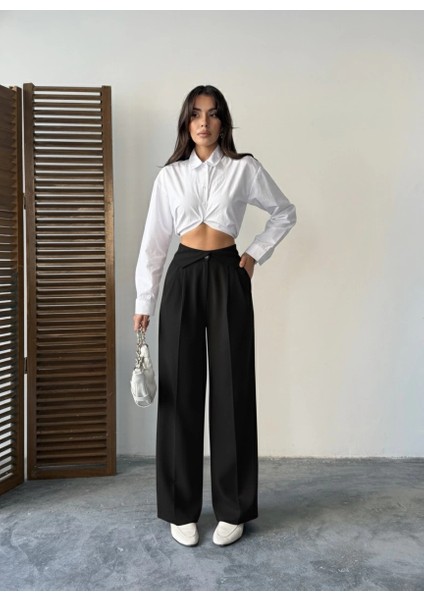 Siyah Kemer Detaylı Palazzo Pantolon