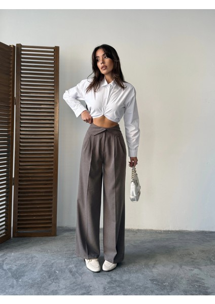 Kahve Kemer Detaylı Palazzo Pantolon
