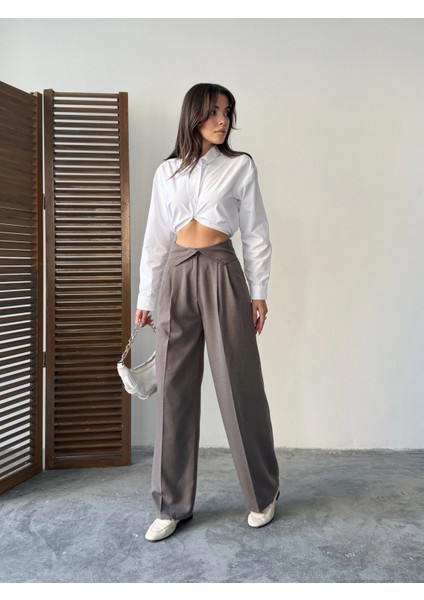 Kahve Kemer Detaylı Palazzo Pantolon modelleri