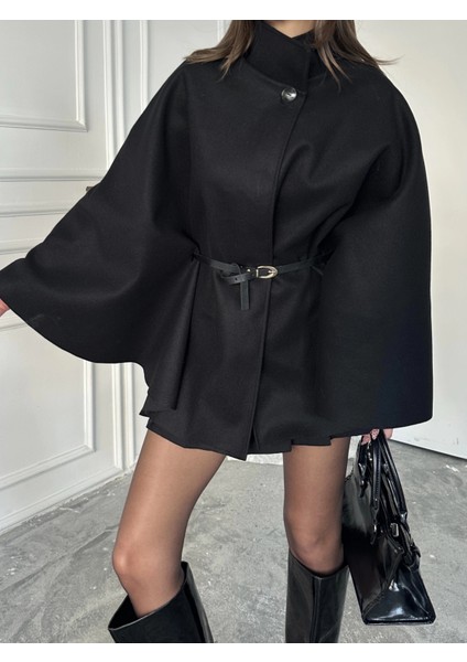 Siyah Kaşe Kemerli Panço modelleri