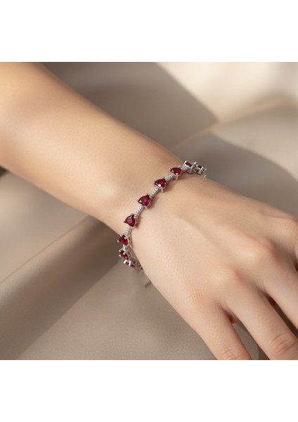 Gümüş Kırmızı Zirkon Taşlı Kalp 925 Ayar Su Yolu Kadın Bileklik | Doğum Günü, Sevgililer Günü, Anneler Günü, Yıldönümü Hediyesi 18 cm