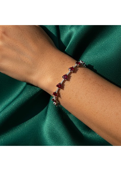 Gümüş Kırmızı Zirkon Taşlı Kalp 925 Ayar Su Yolu Kadın Bileklik | Doğum Günü, Sevgililer Günü, Anneler Günü, Yıldönümü Hediyesi 18 cm fiyatları